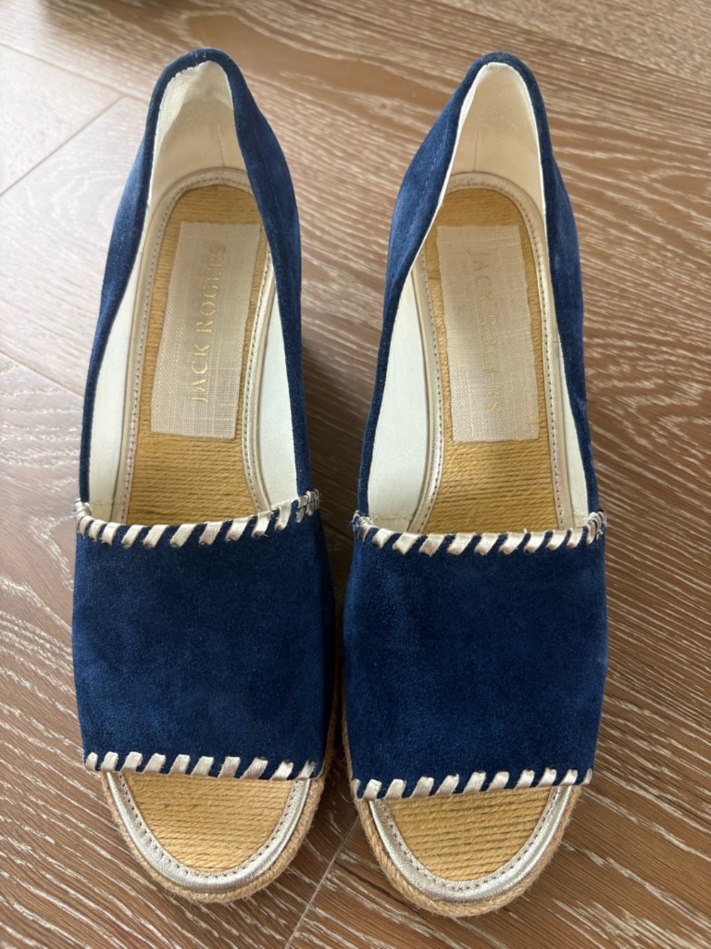 Jack Rogers Navy Blue Suede Whipstitch Wedge Espadrille Sandals Womens 10M
